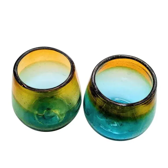 Ombre Hand Blown Amber Blue Green Glass Tumbler Set of Two - Picture 2 of 9